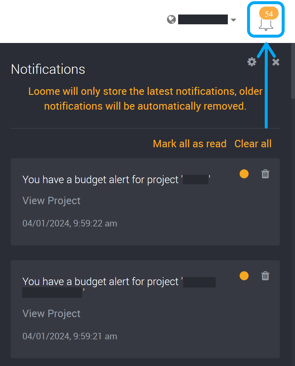 Bell icon notification hub