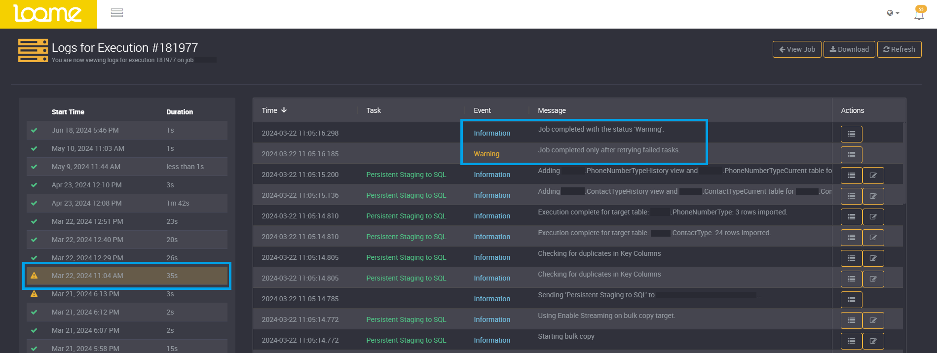 A successful job with the status 'Warning'
