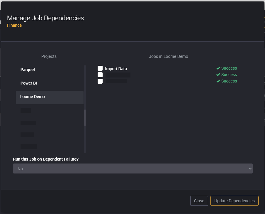 Cross project dependency window