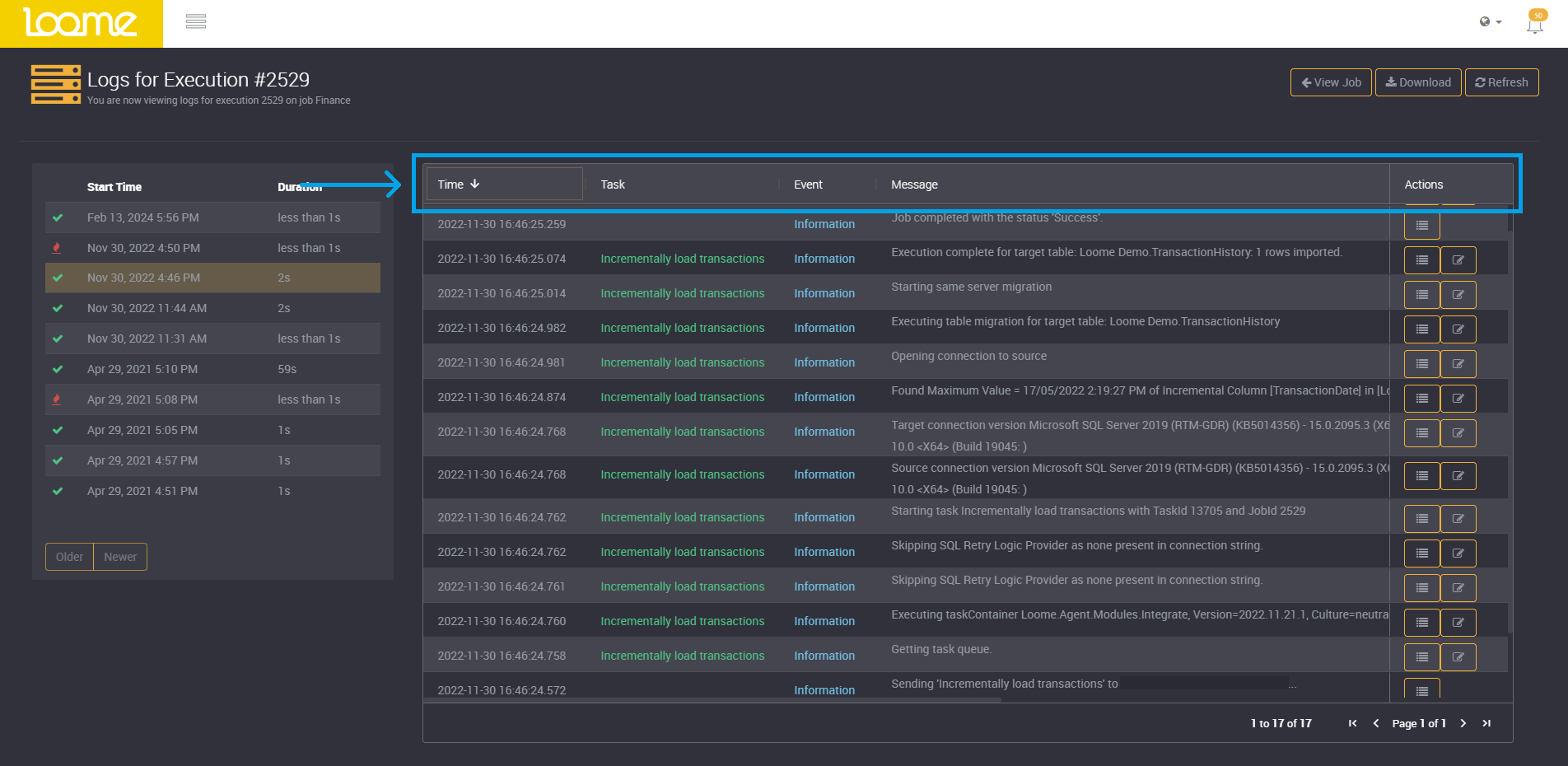 Execution History filters