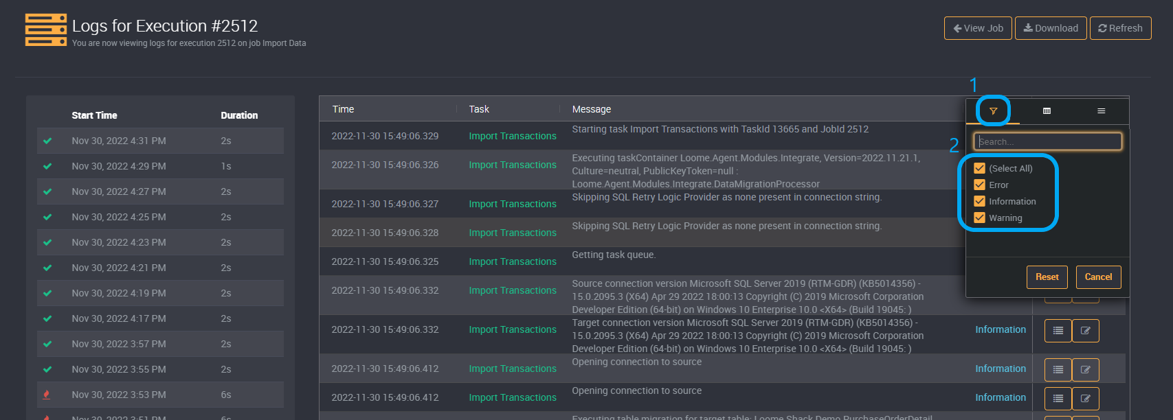 Execution History filters