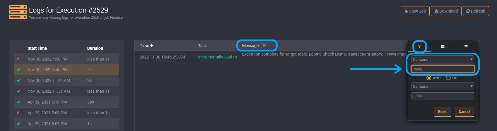 Execution History log message