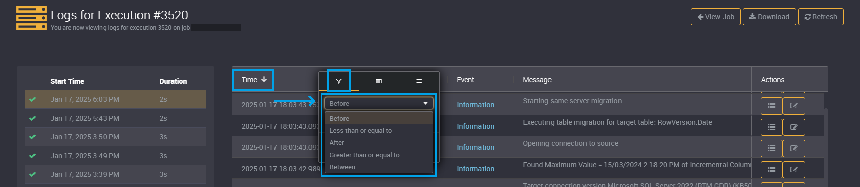 Execution History log time