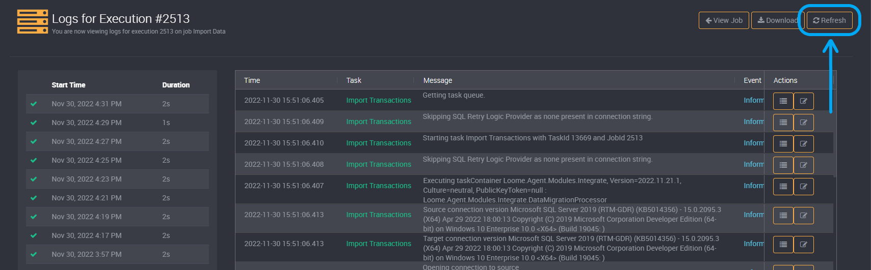 Refresh Execution History logs