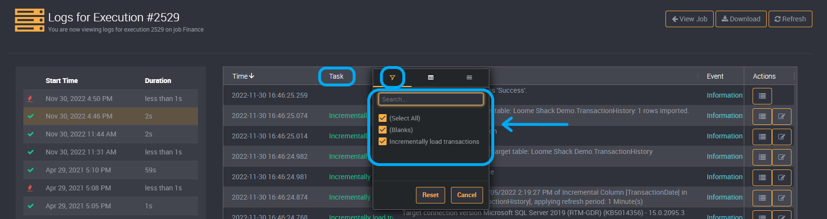 Execution History task name filter