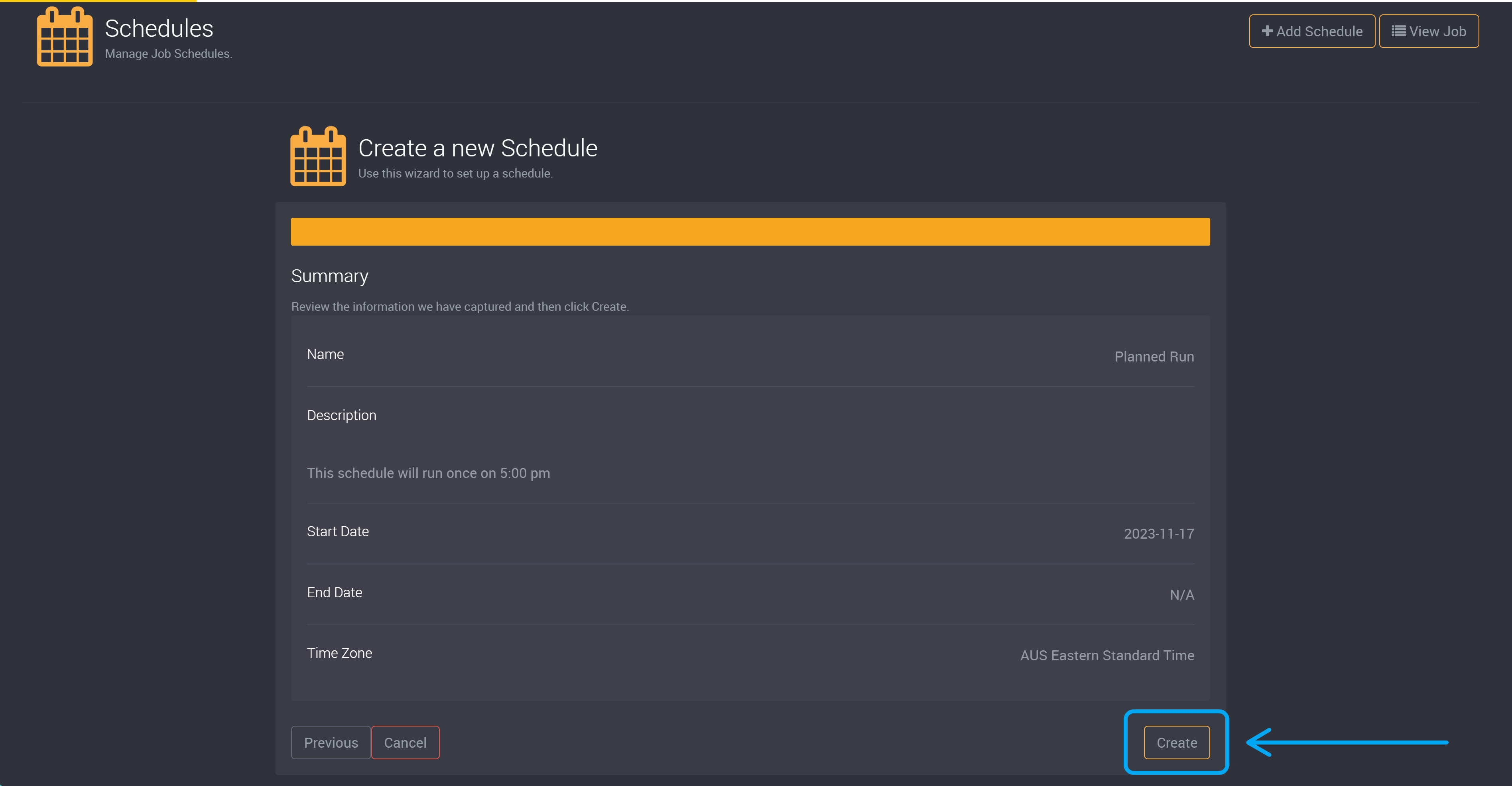 Create schedule with one run
