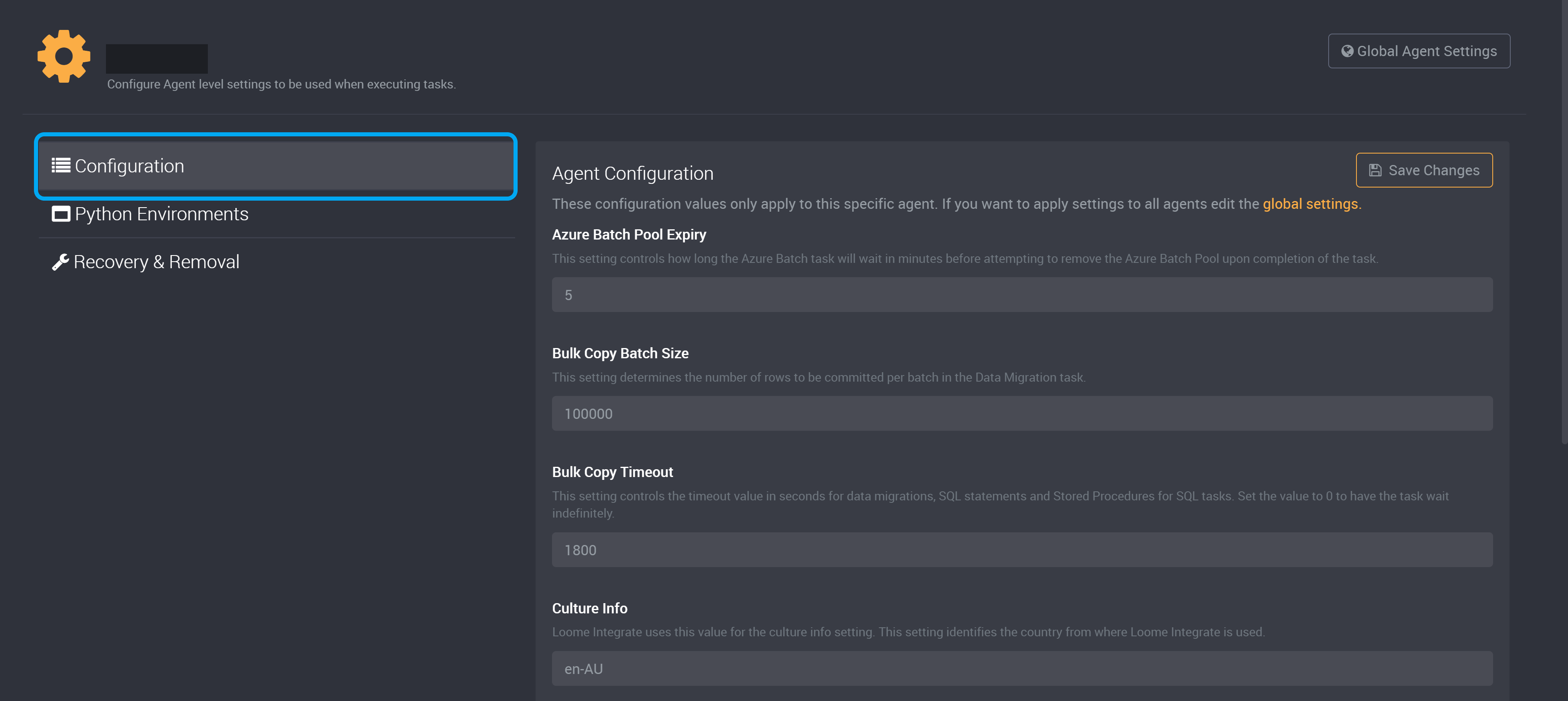 Agent settings configuration