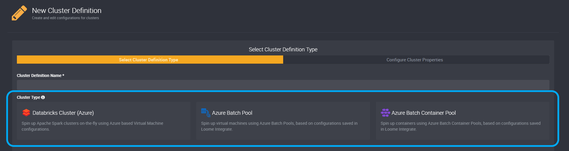 cluster definitions menu