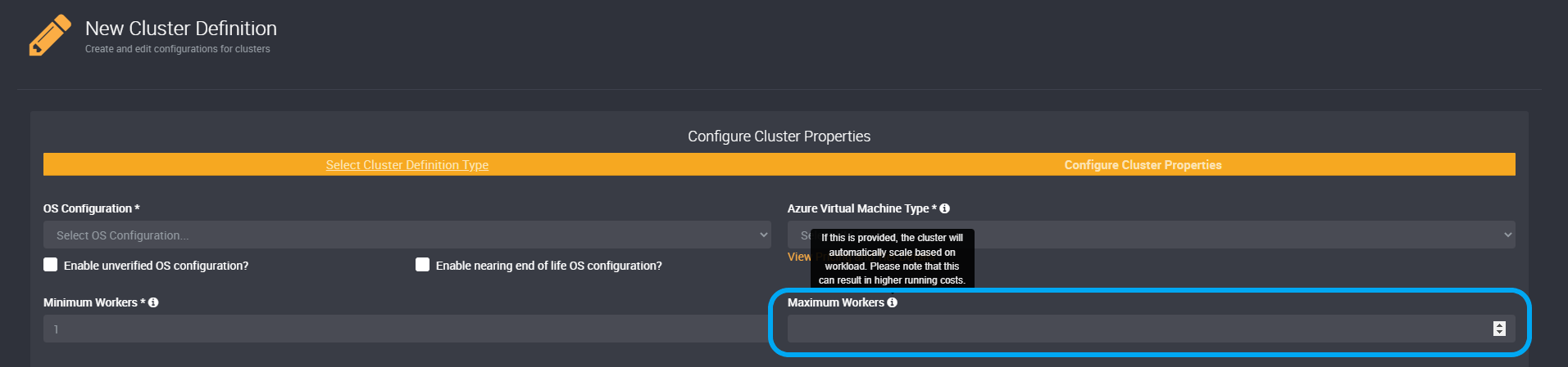 cluster definitions menu