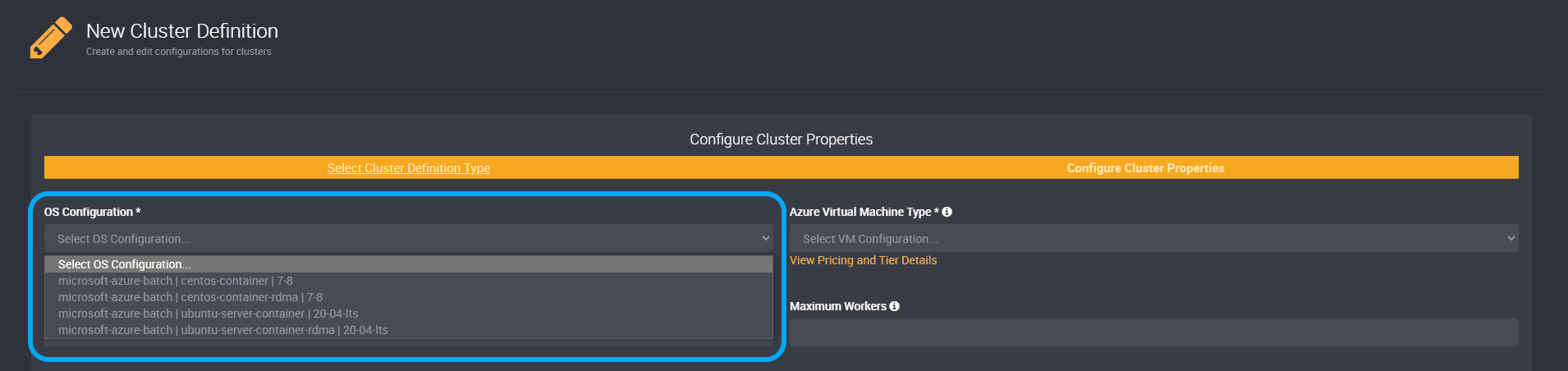 cluster definitions menu