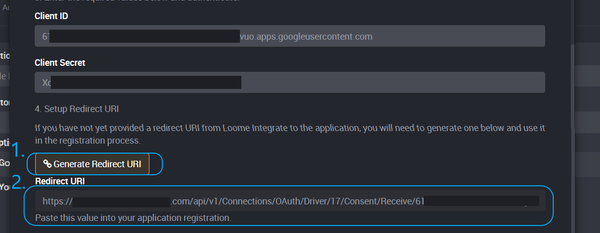 Provide Client ID and Secret fields and then generate a Redirect URI