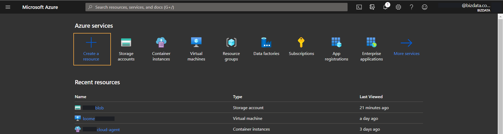 create a resource button on Azure