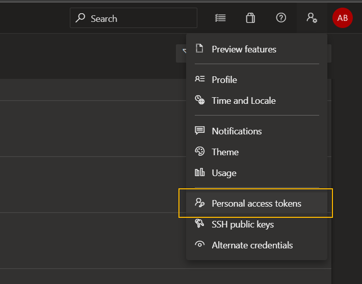 Selecting Personal Access Tokens from the Azure Devops menu
