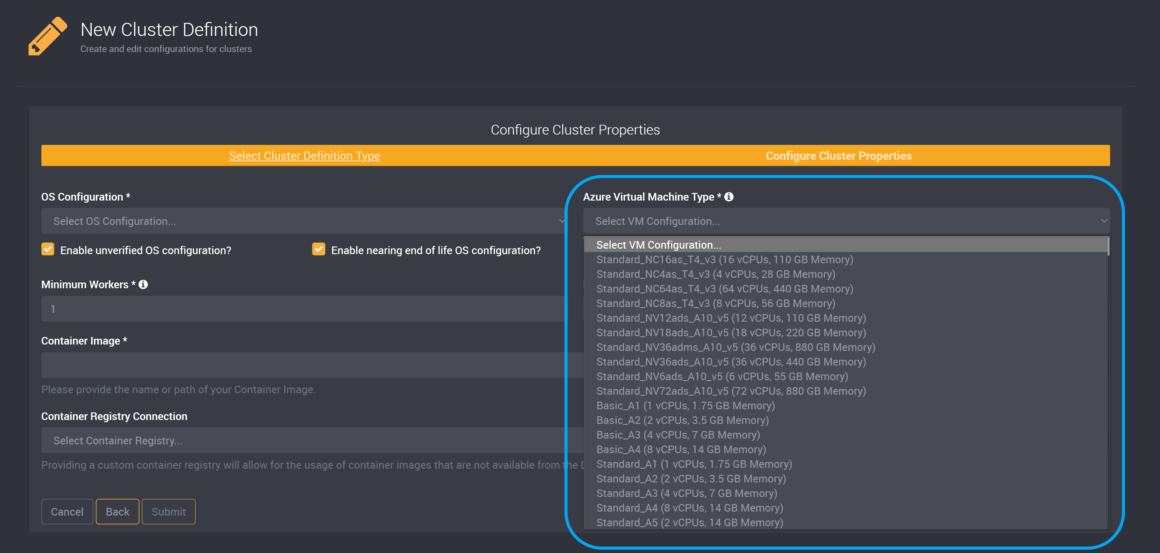 cluster definitions menu