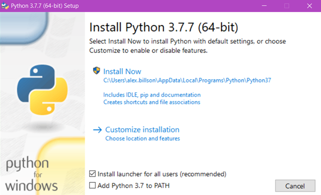 Uncheck 'Add Python 3.7 to PATH' and select 'Customize Installation'.