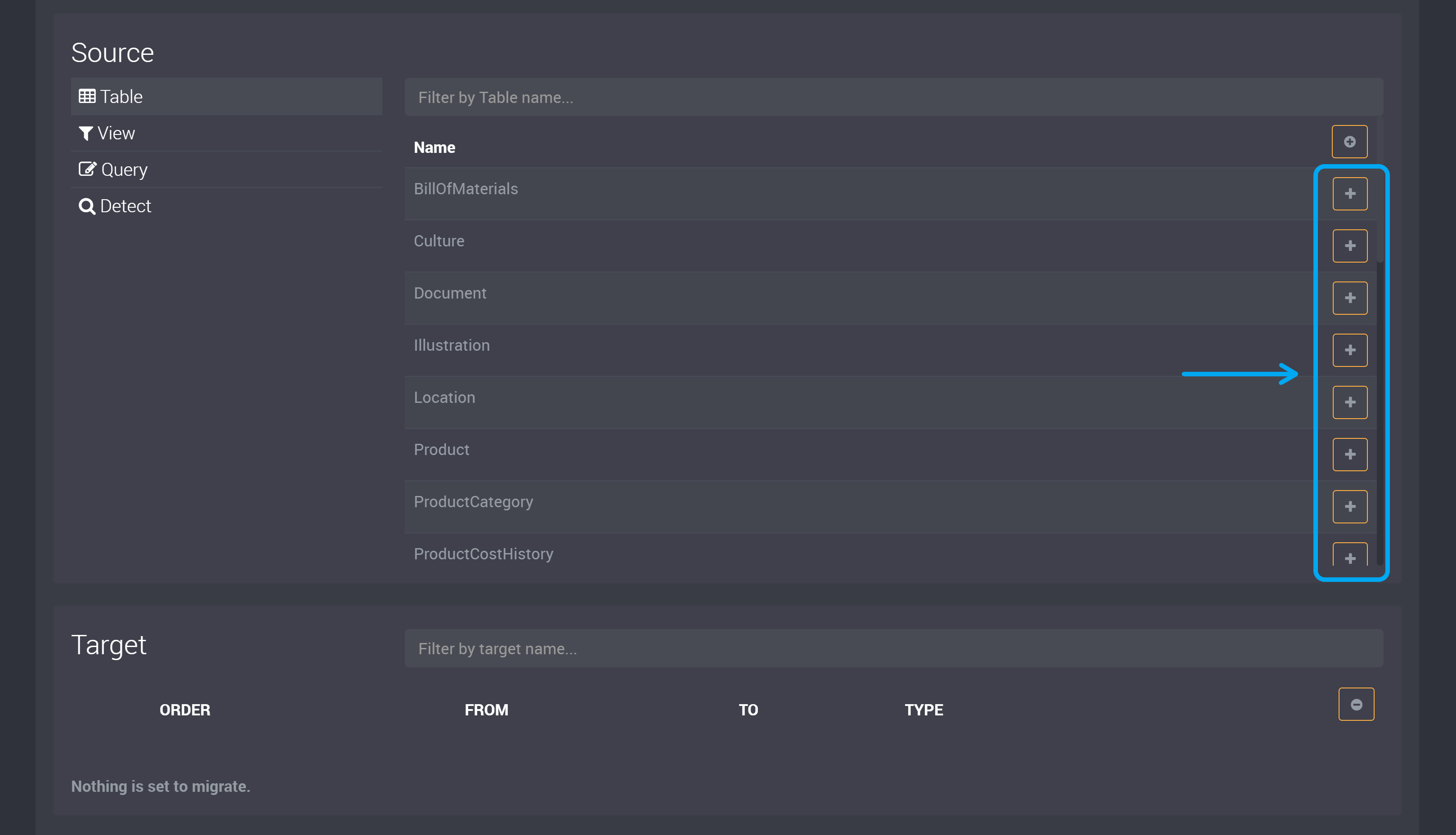 Add button on source table list