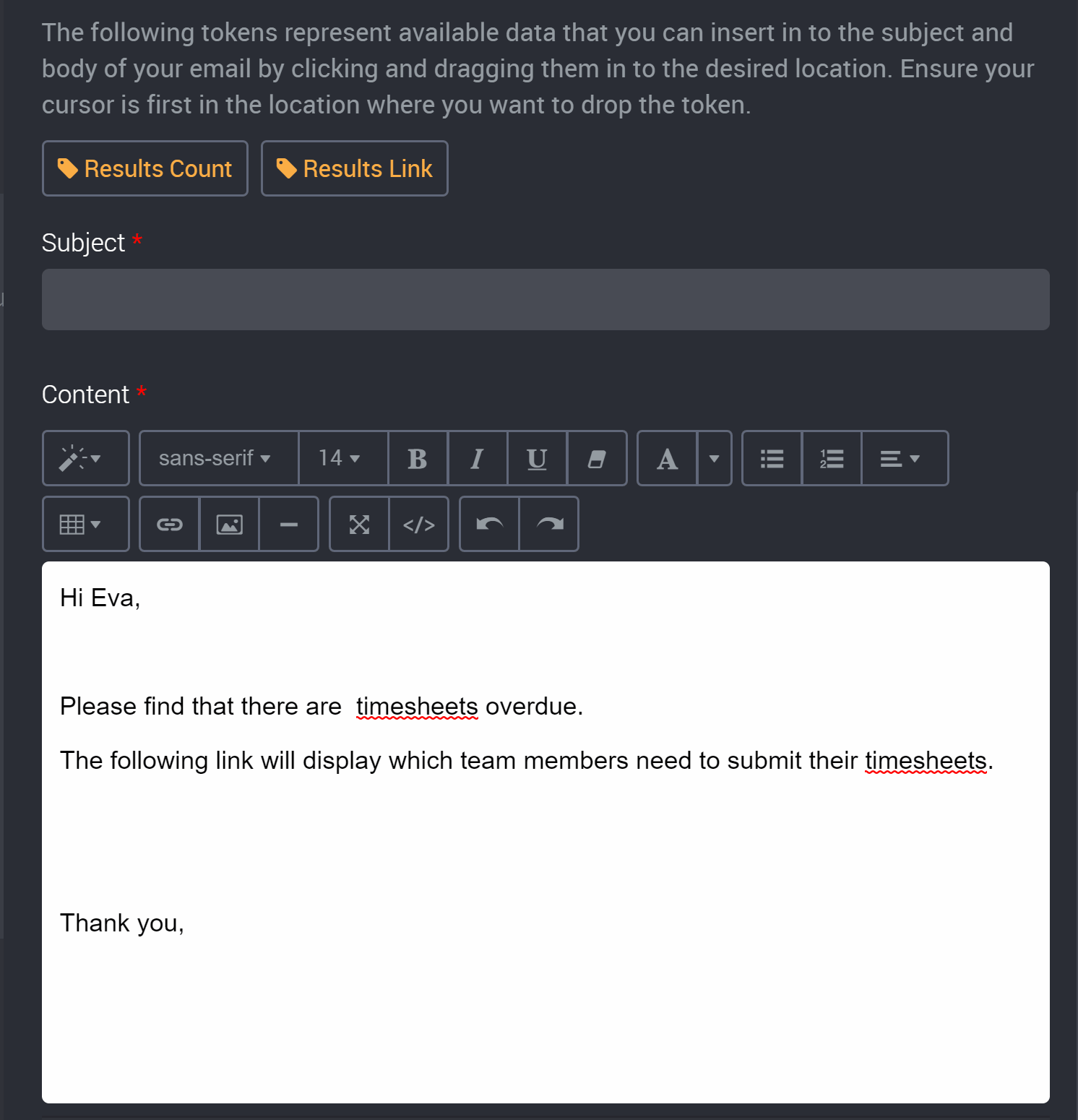 How add tokens to emails