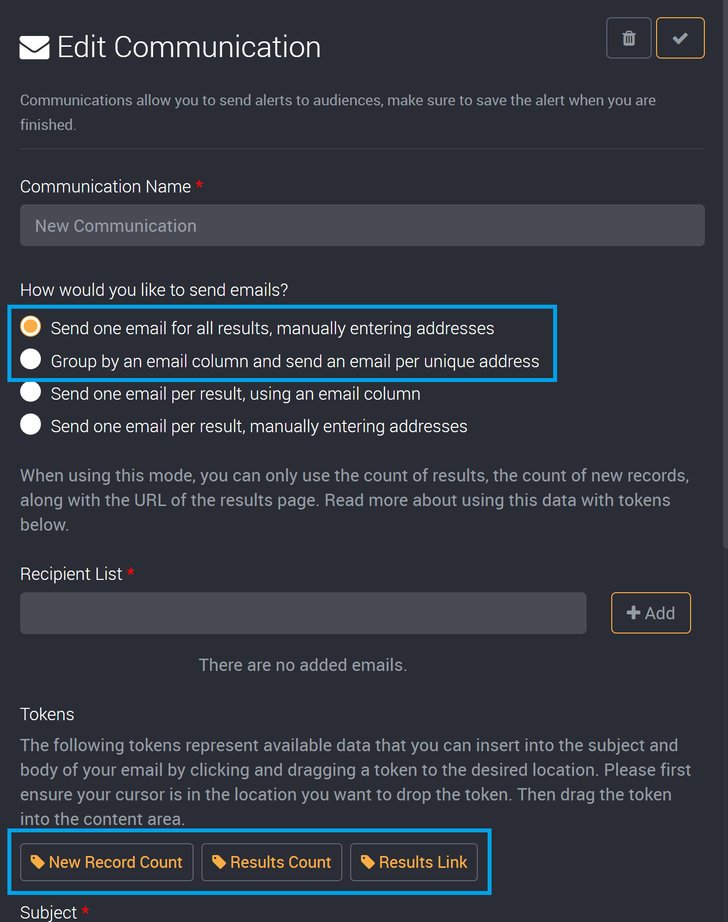 Tokens for new records, results count and link