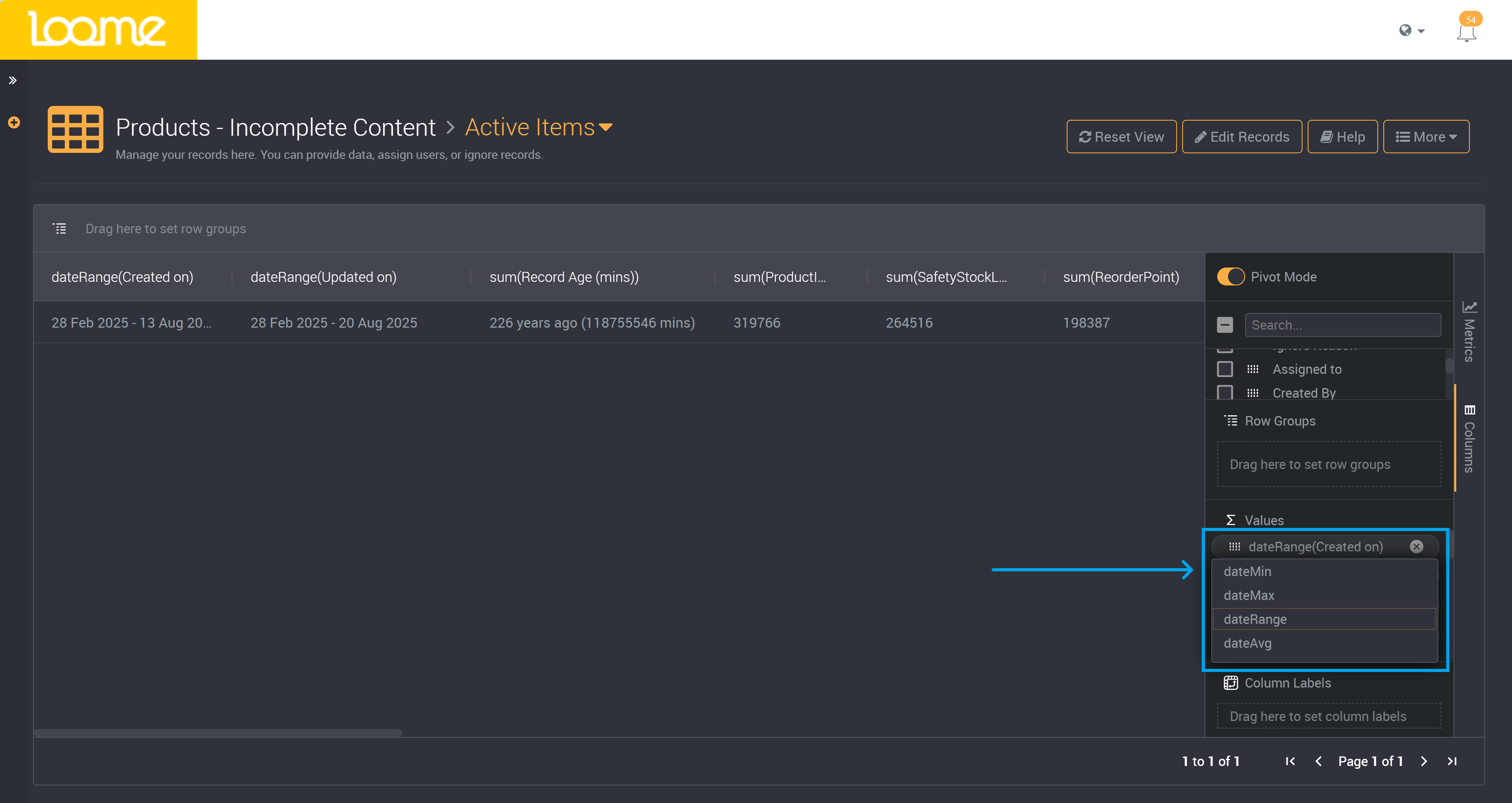 Date columns aggregation dropdown
