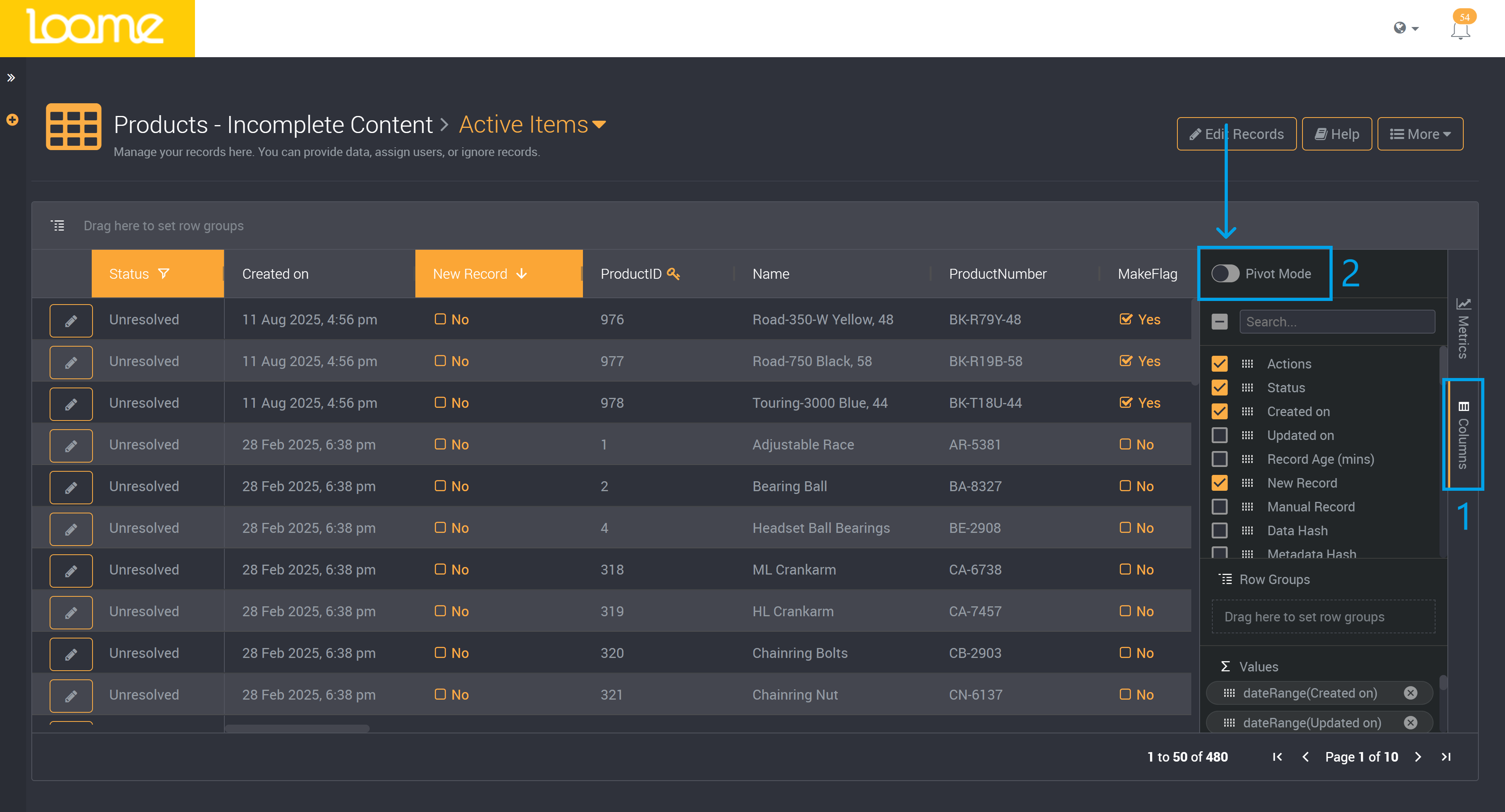 Find the pivot toggle in the columns panel