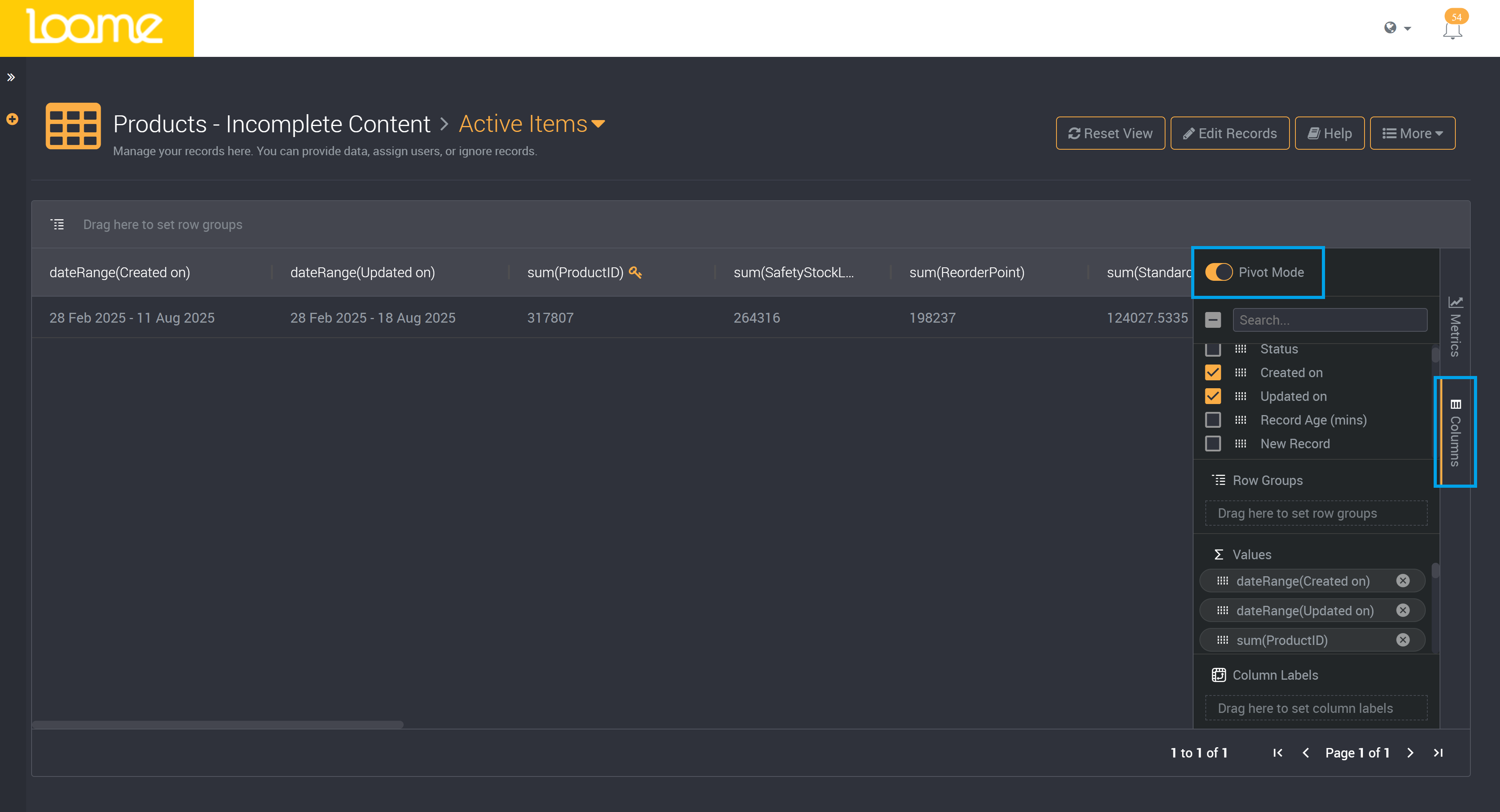Pivot mode applied to all records