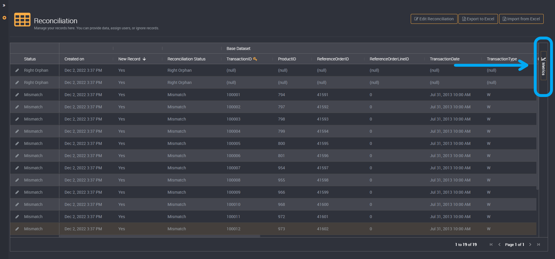 The slideout for metrics in the results table