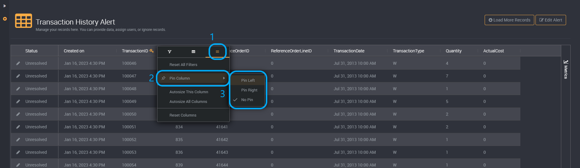 Pin columns