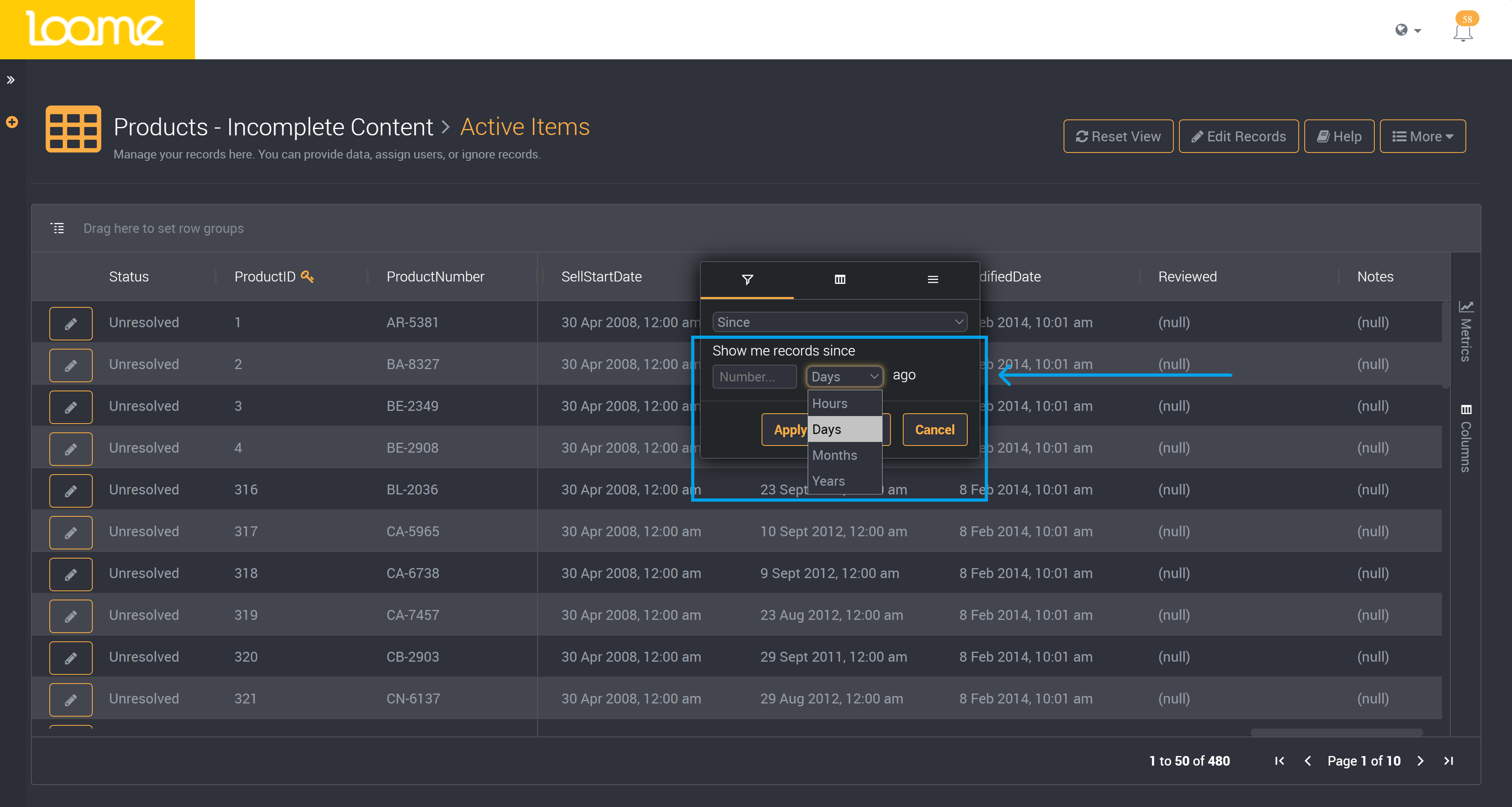 Relative date filter