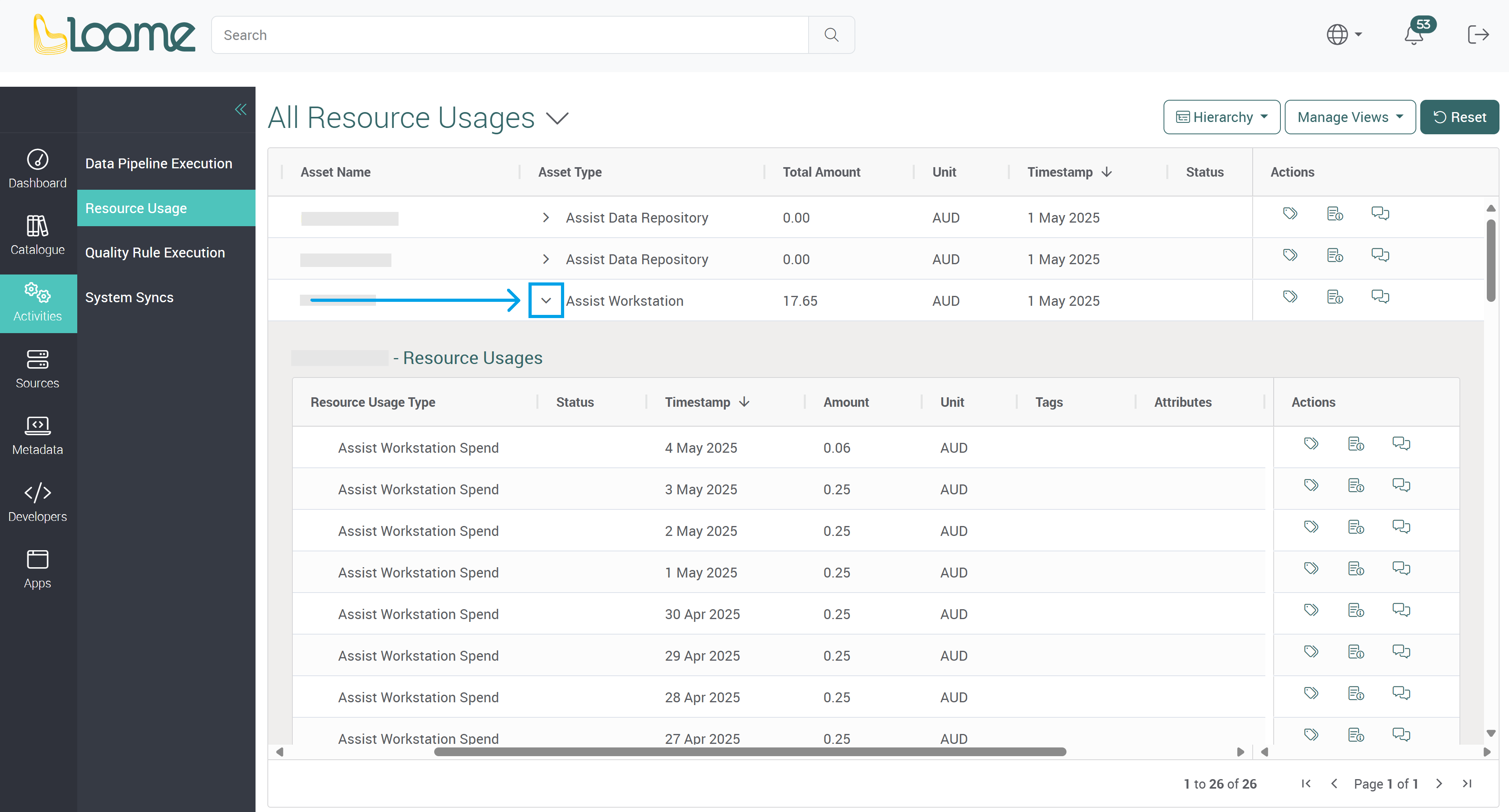 resource usage dropdown