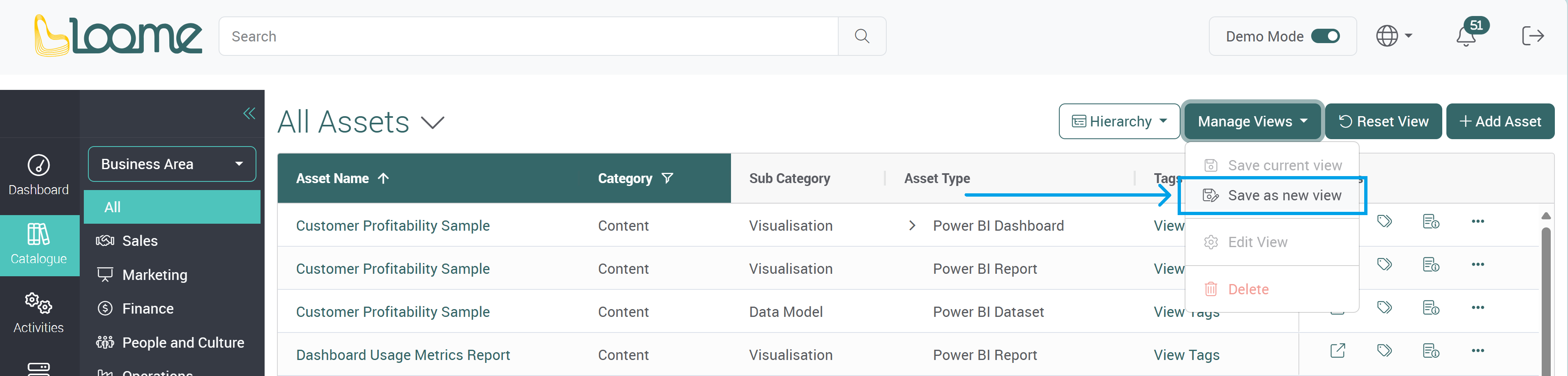 Save as a new view in dropdown