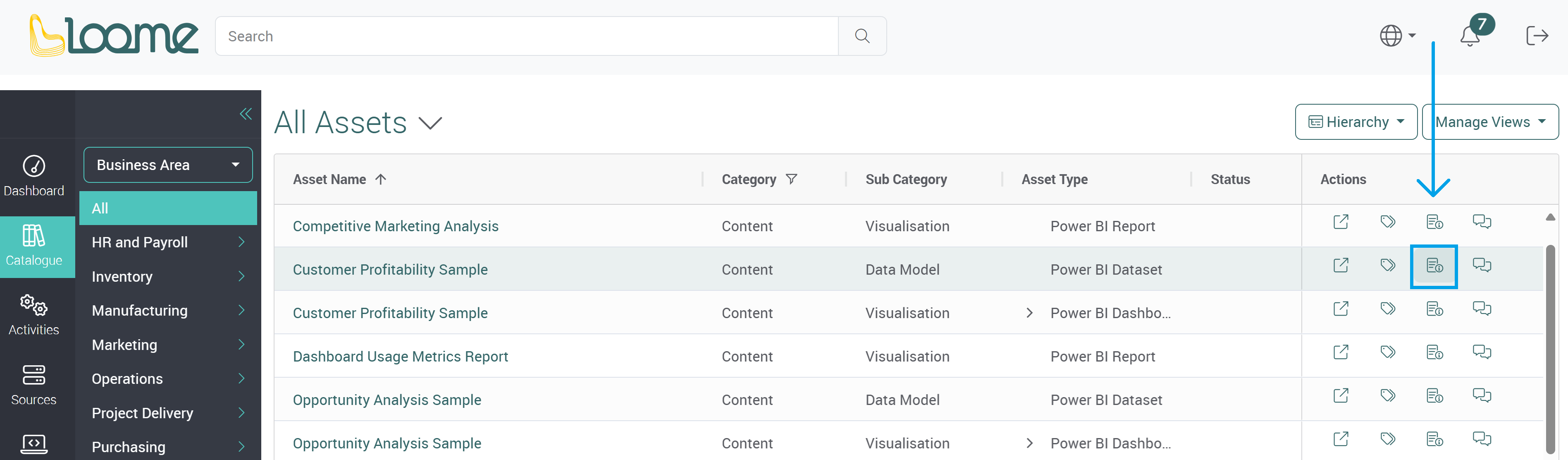 Information button in catalogue