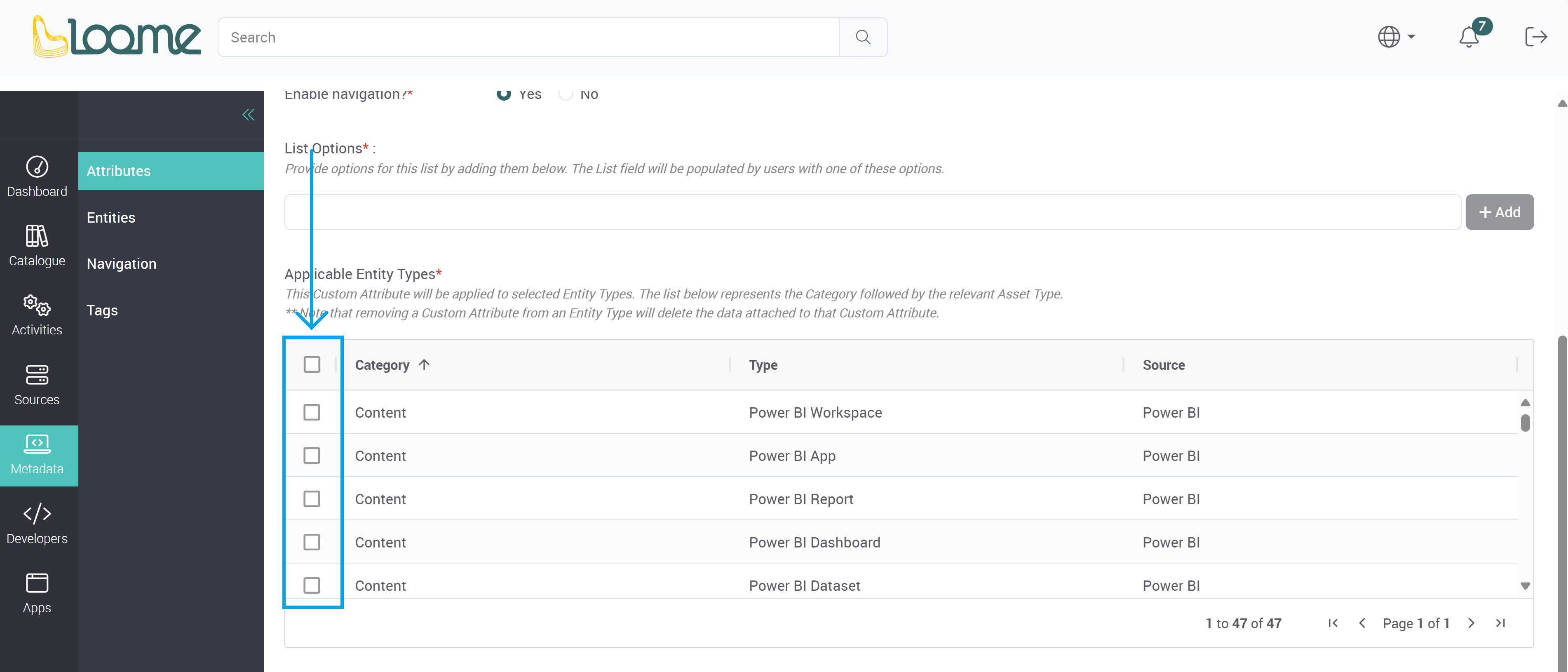 Entity type selection that this navigation will apply to