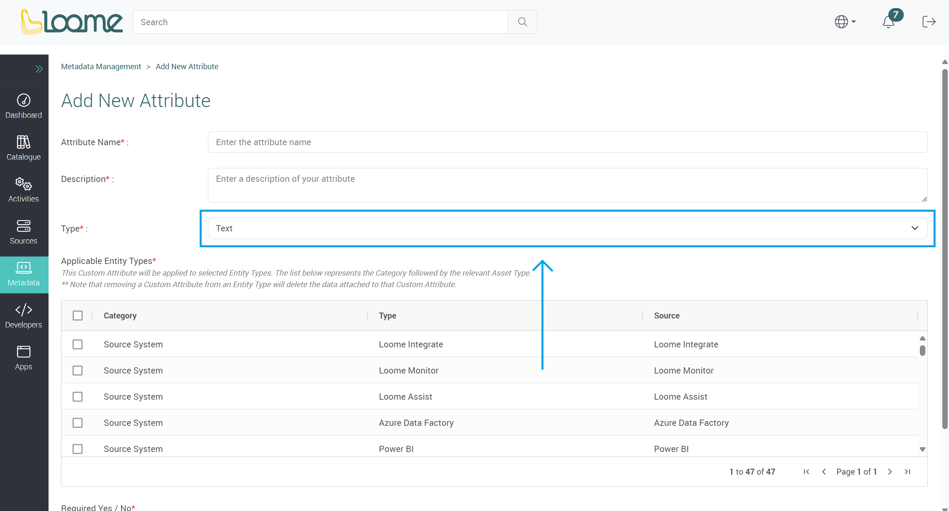 Type dropdown