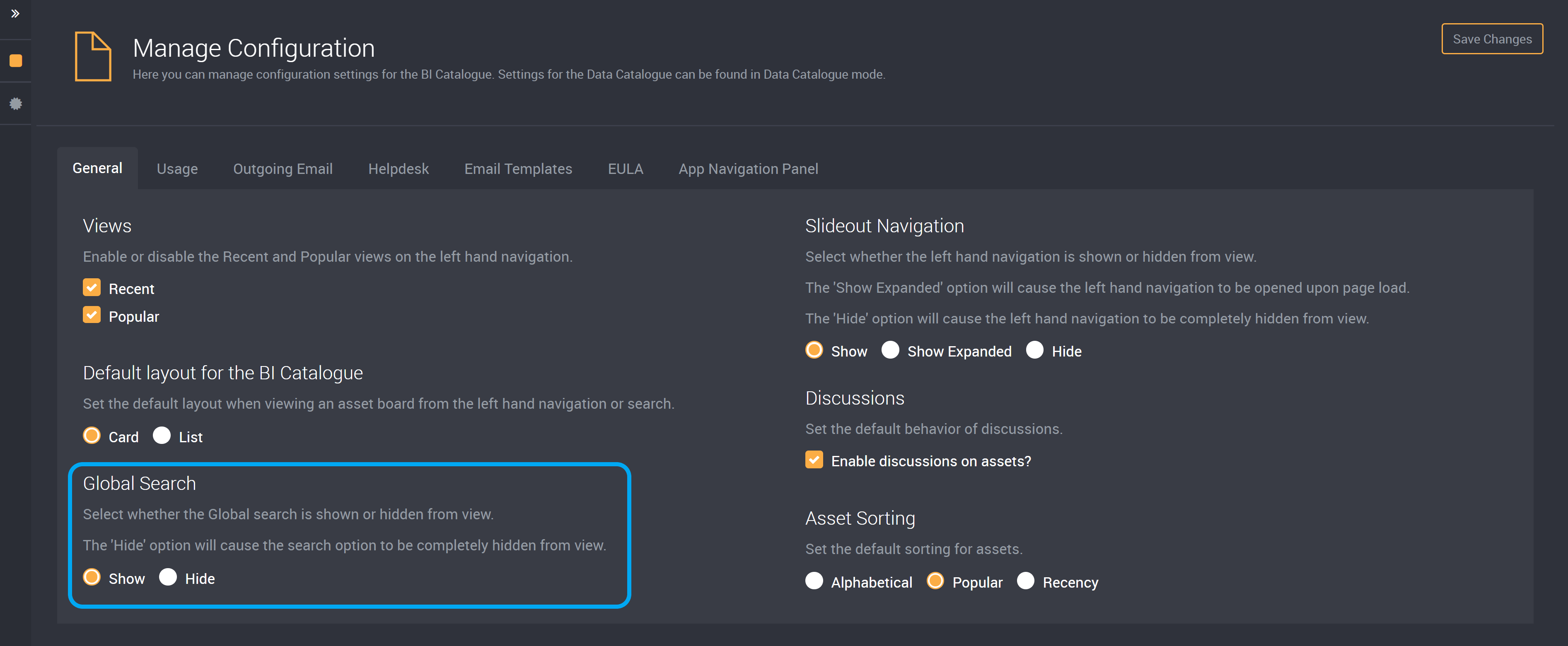 Show/Hide global search